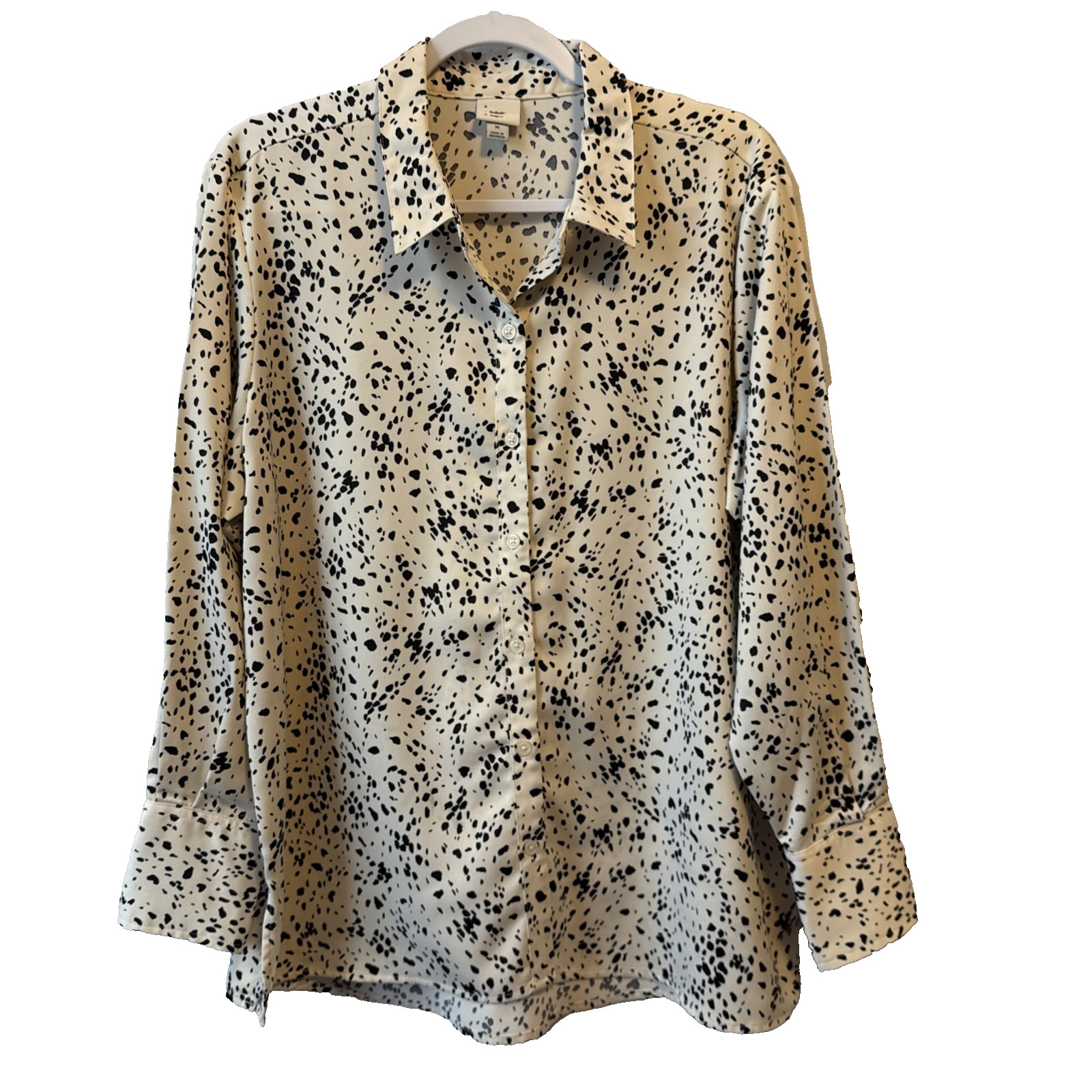 A New Day Women’s M Satin Cream Black Spotted Button Down Shirt Office Business