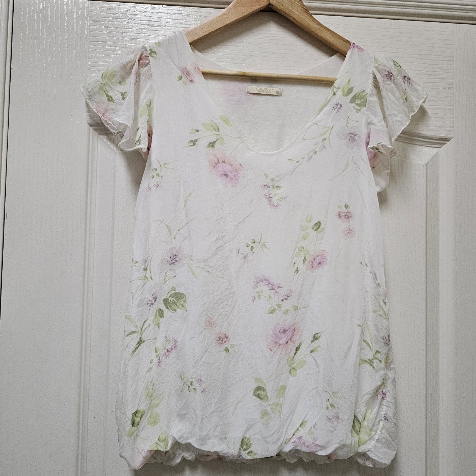 GIUSY Italian Silk Blouse Women S Sheer Ruffle Sleeve White Pink Floral Delicate