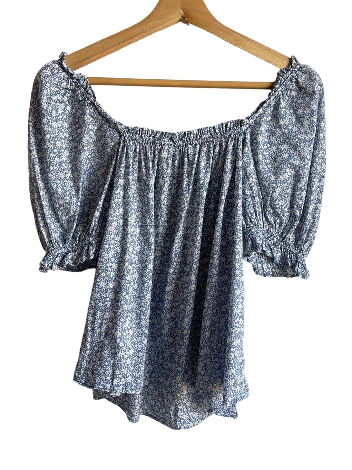 & Other Stories Frilled Puff Sleeve EU 34/XS Blue White Floral Peasant Blouse To