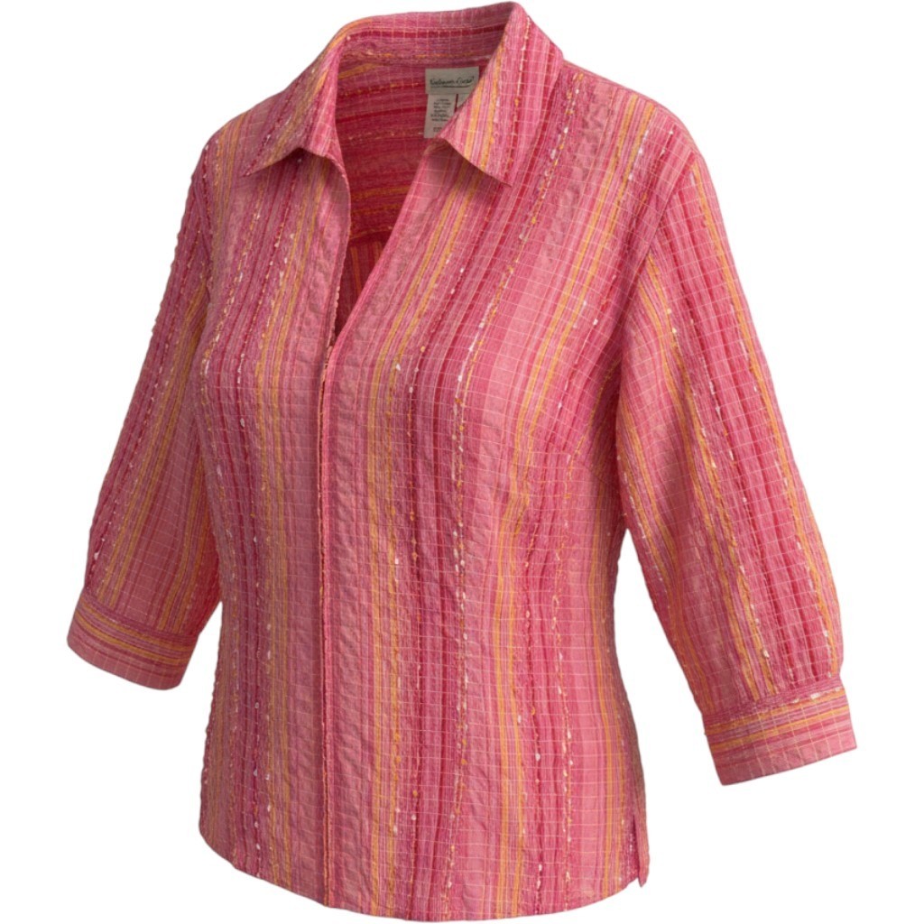 Coldwater Creek Women Pink Orange Striped Half Zip Textured Shirt XL 3/4 Sleeve