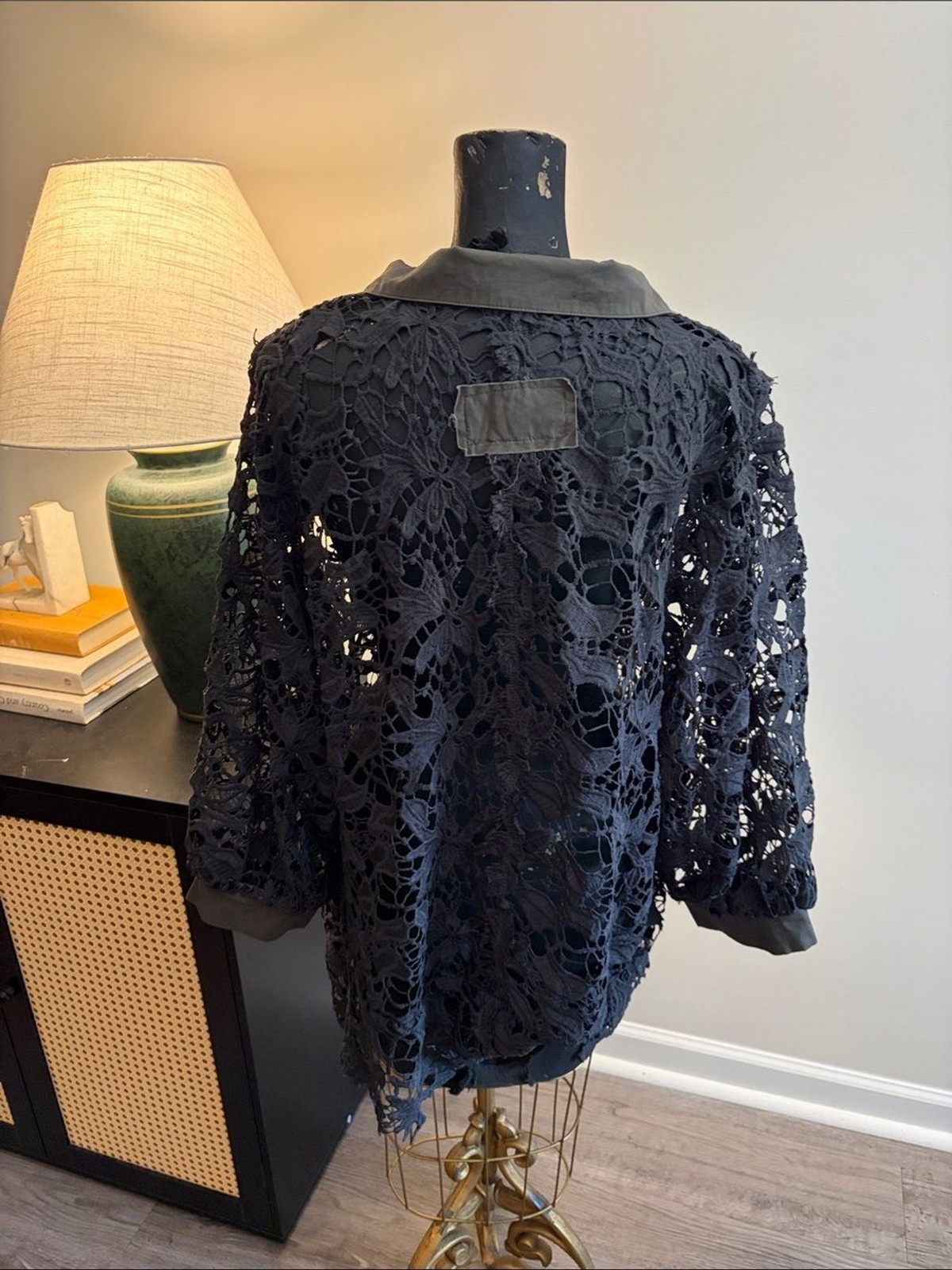 POL Boho Chic Black Crochet Floral Lace Frayed Button-Up Size Large Rustic
