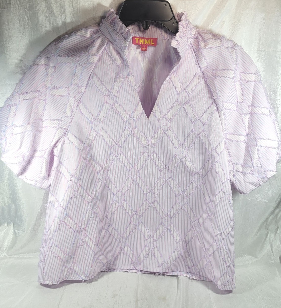 THML Women’s Short Bubble Sleeve Textured Fringe Blouse – Lavender/Pink – Small