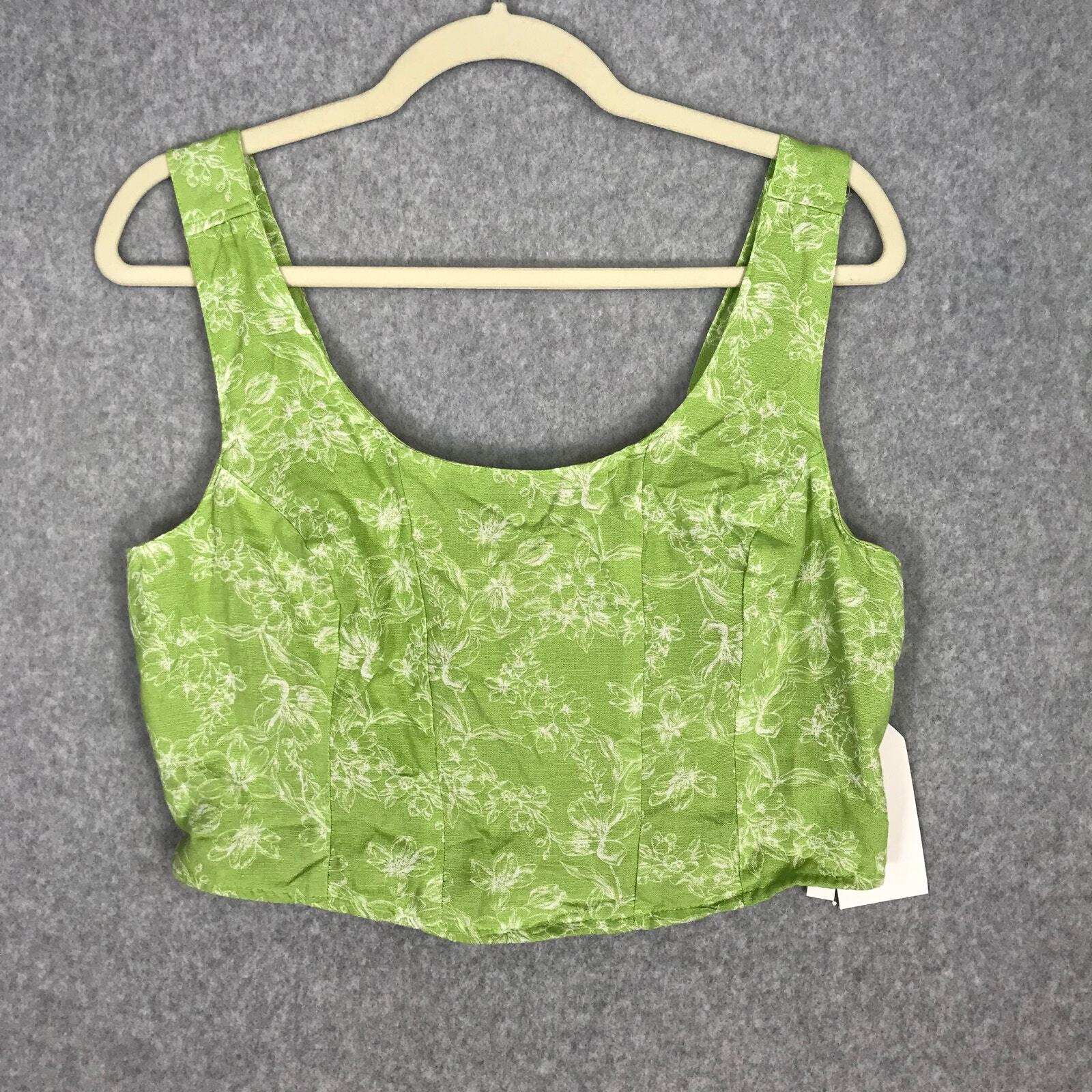 Midnight Sky Corset Smocked Crop Top XL Green Floral Linen Cottage Vacation