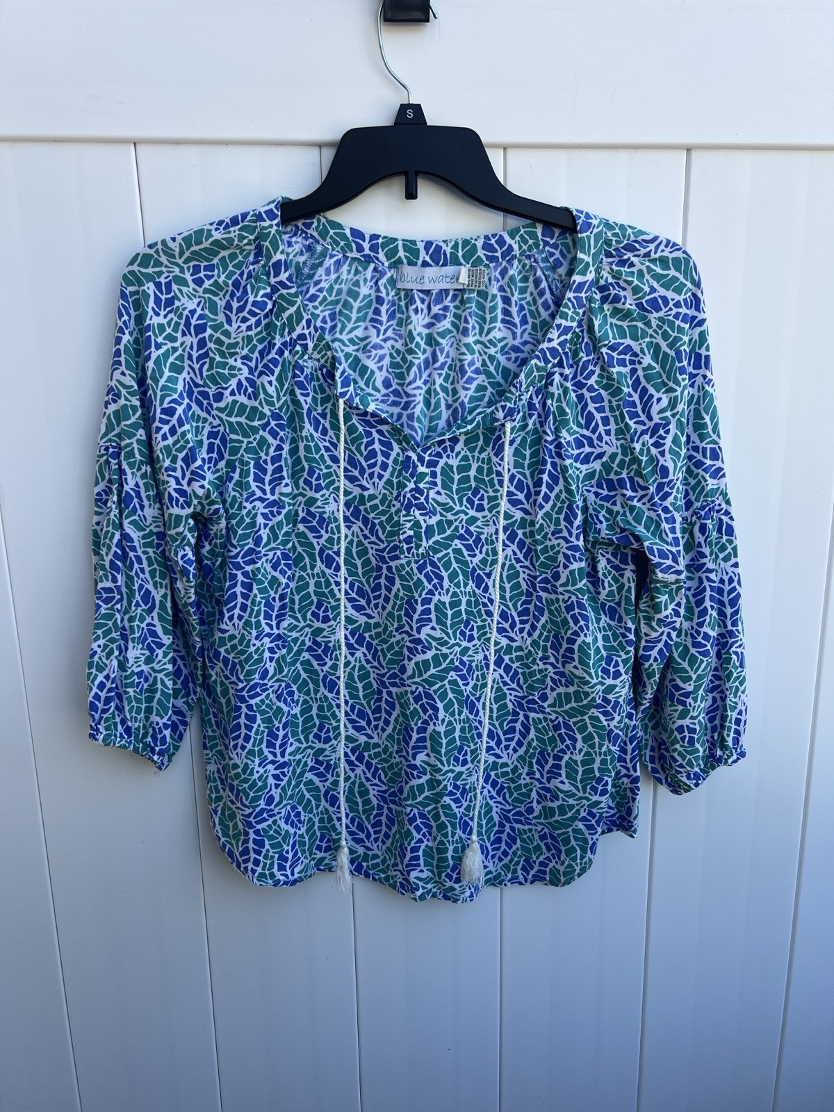 Blue Water Women Top Beach Casual Tasseled Colorful 3/4 Sleeve Sz Small