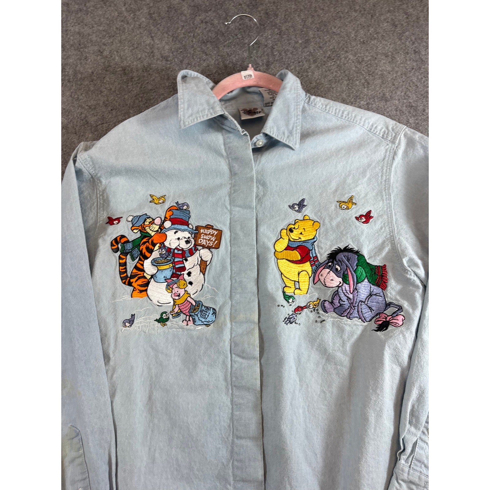 VINTAGE 90s Disney Denim Shirt Womens Blue Winnie The Pooh Embroidered Small