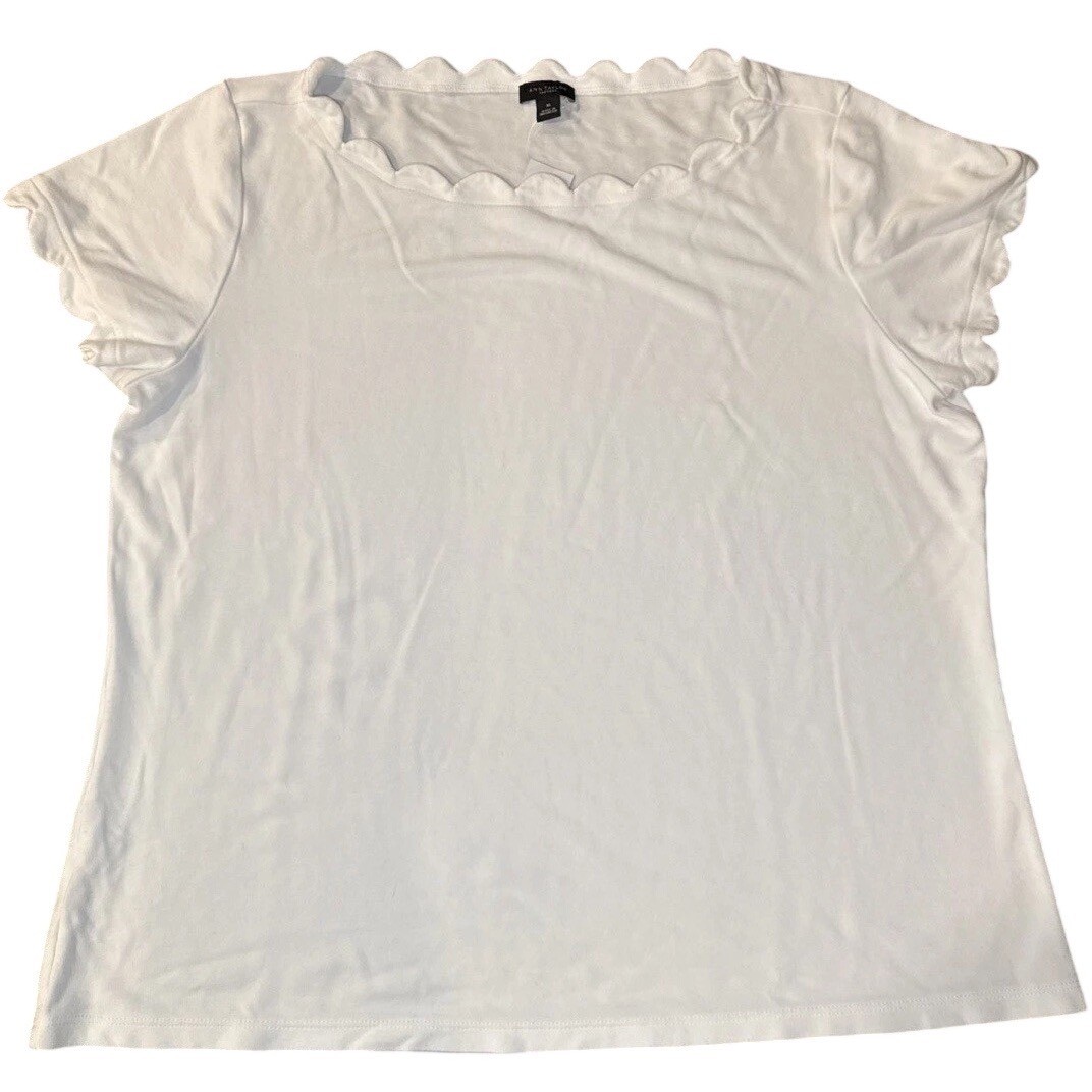 Ann Taylor Factory Scalloped Top Women XL White Short Sleeve Aesthetic Classic