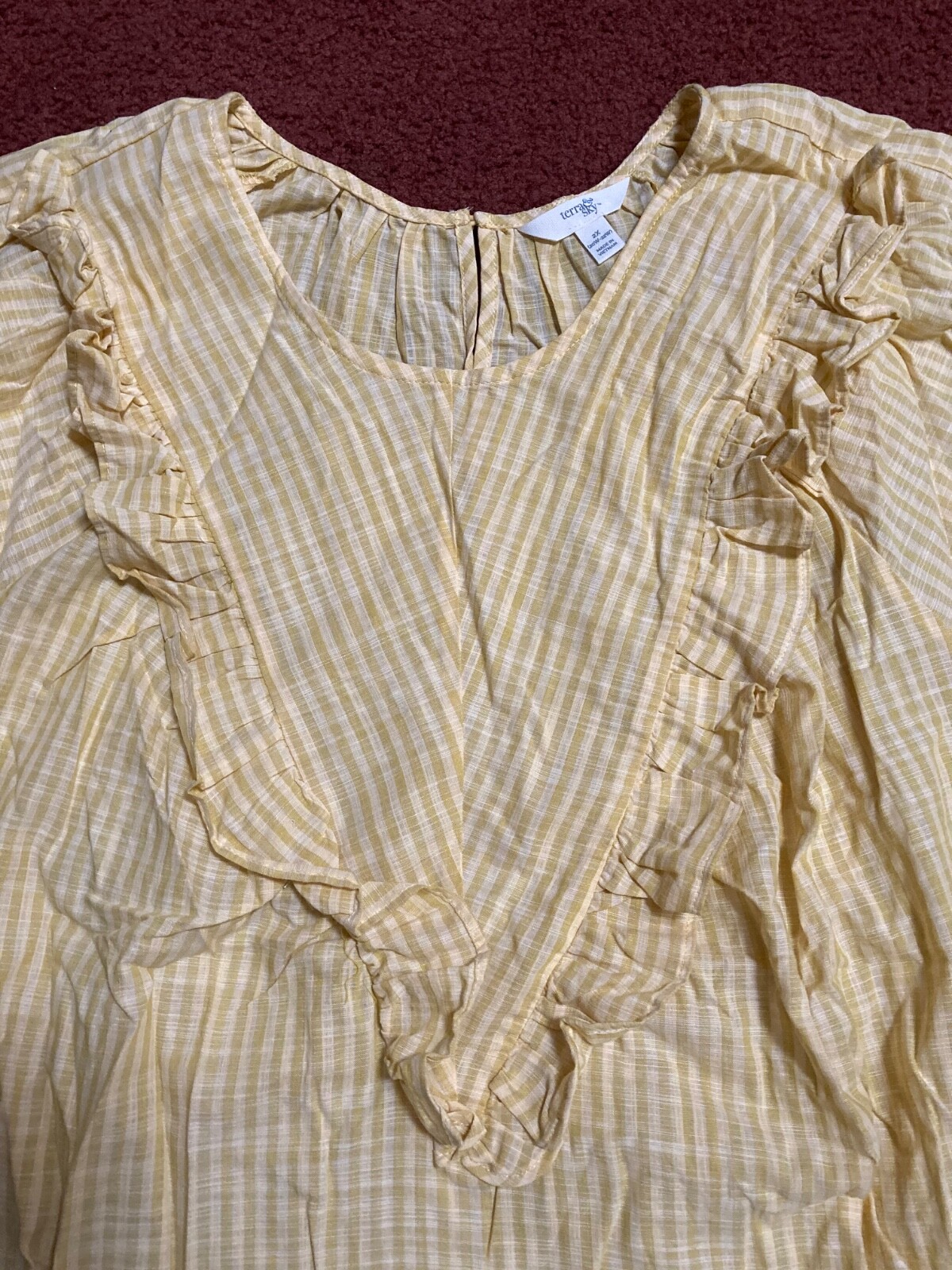 Terra & Sky Women’s Top 2X 20W 22W Gold Plaid Ruffle Short Sleeve Plus Size NWT