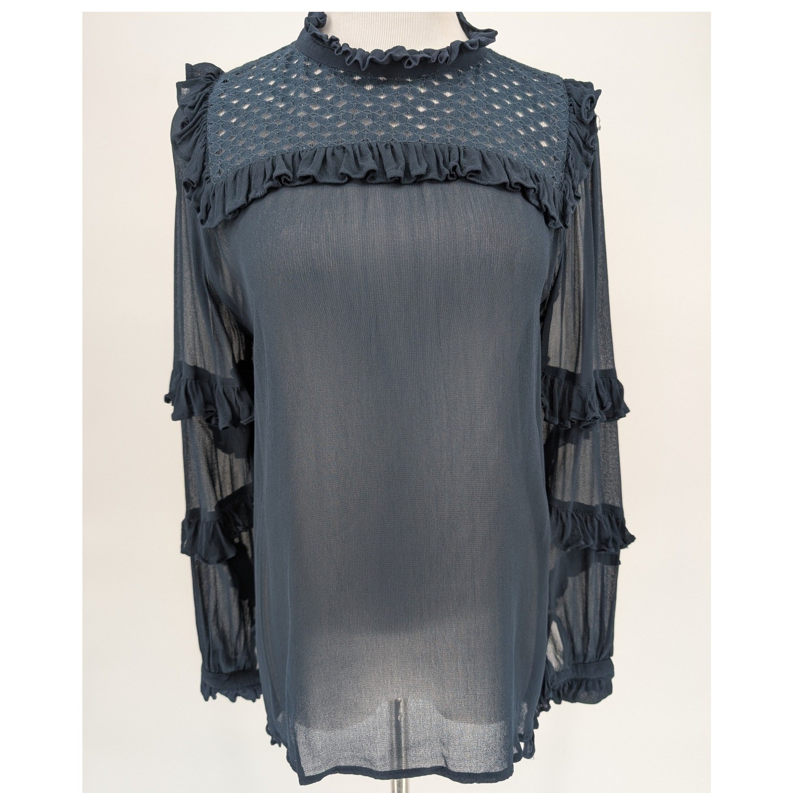 Munthe Sheer Silk Blouse 34 Navy Blue Ruffle Mock Neck Lace Yoke Boho Coquette