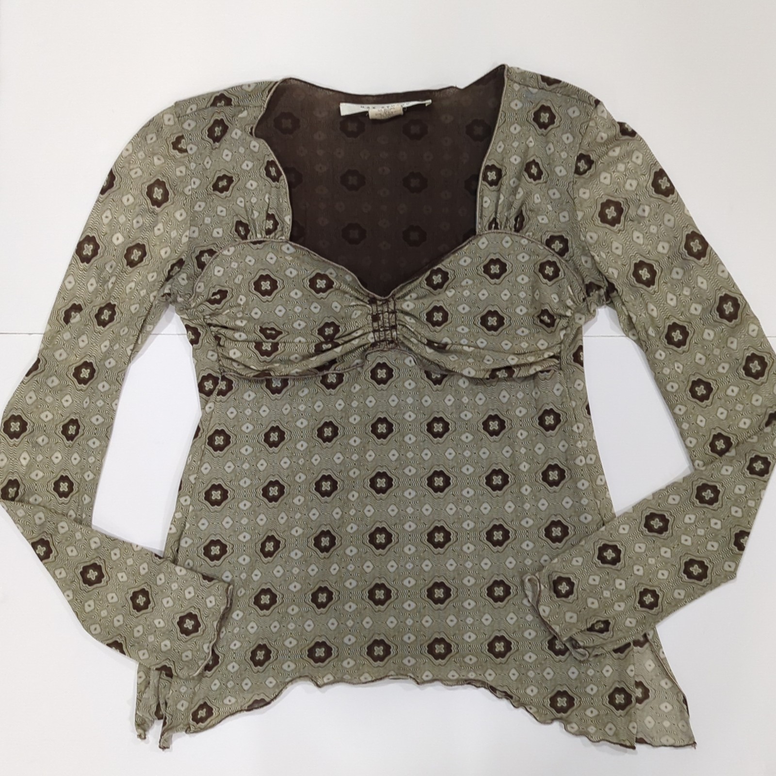 Max Studio Green Brown Retro Floral Long Sleeve Top – Women’s Small 70s Hippie