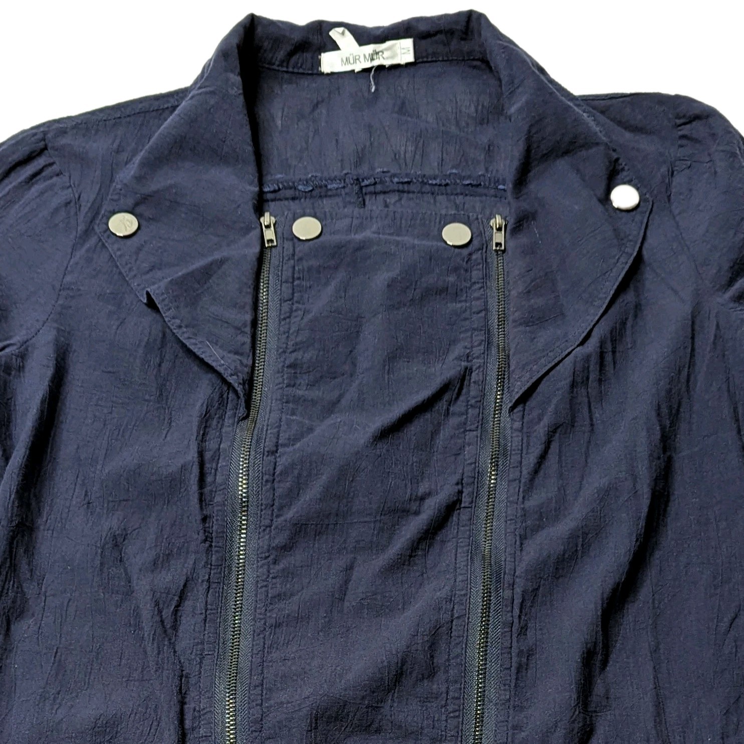 MUR MUR Tunic Jacket Women’s Sz M Navy Blue Asymetric Double Zipper light Weight