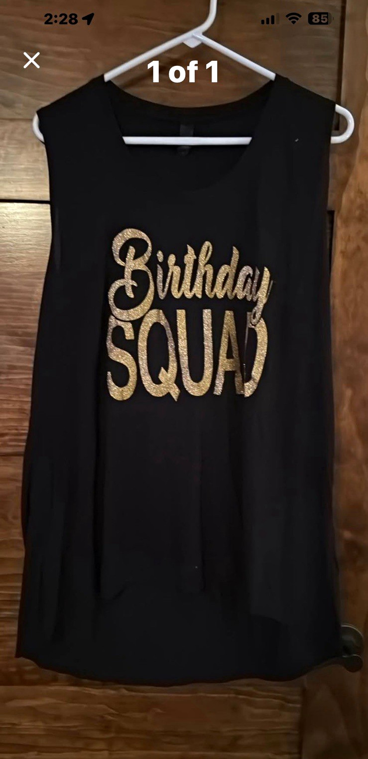 Women’s Plus 3XL Black Tank Top Gold Glitter “Birthday Squad” Sleeveless