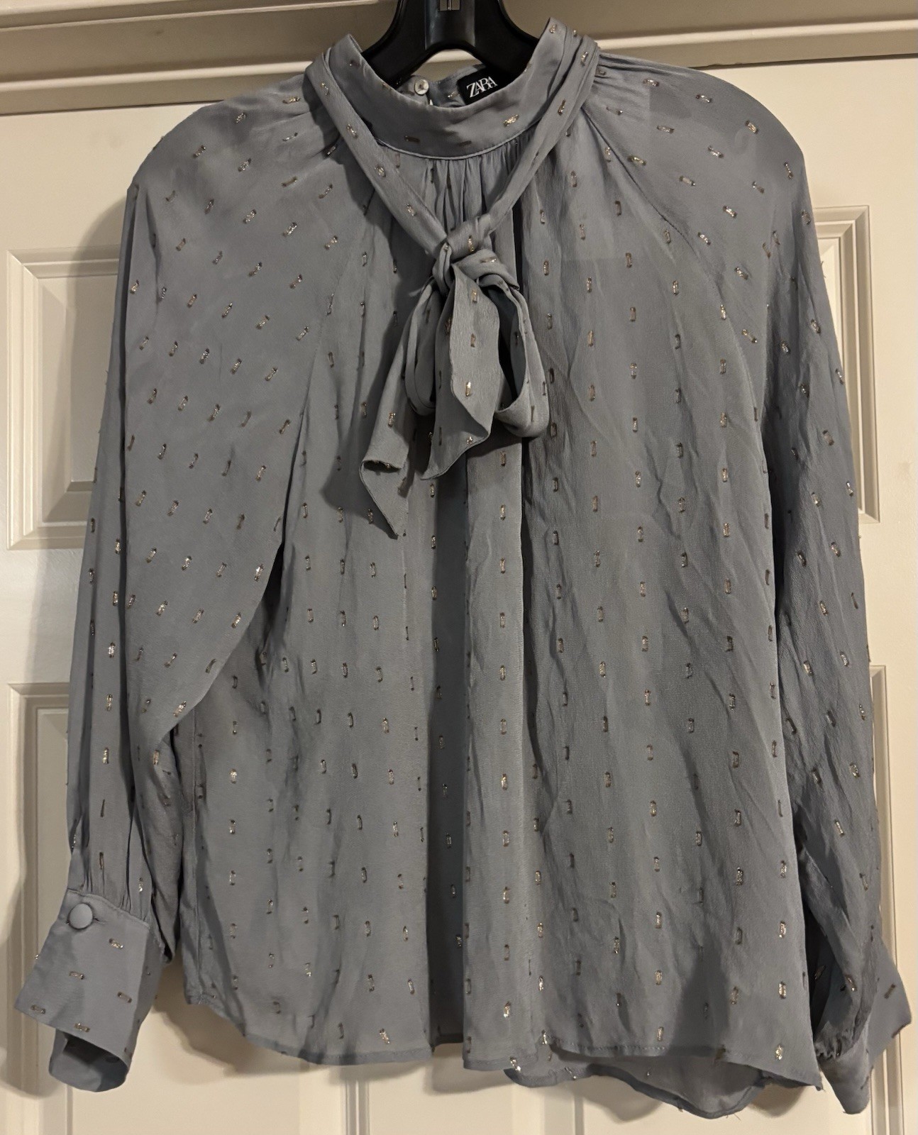 NWT Zara Coastal Preppy Pussy Bow Gold Metallic Old Money Quiet Luxury Size S