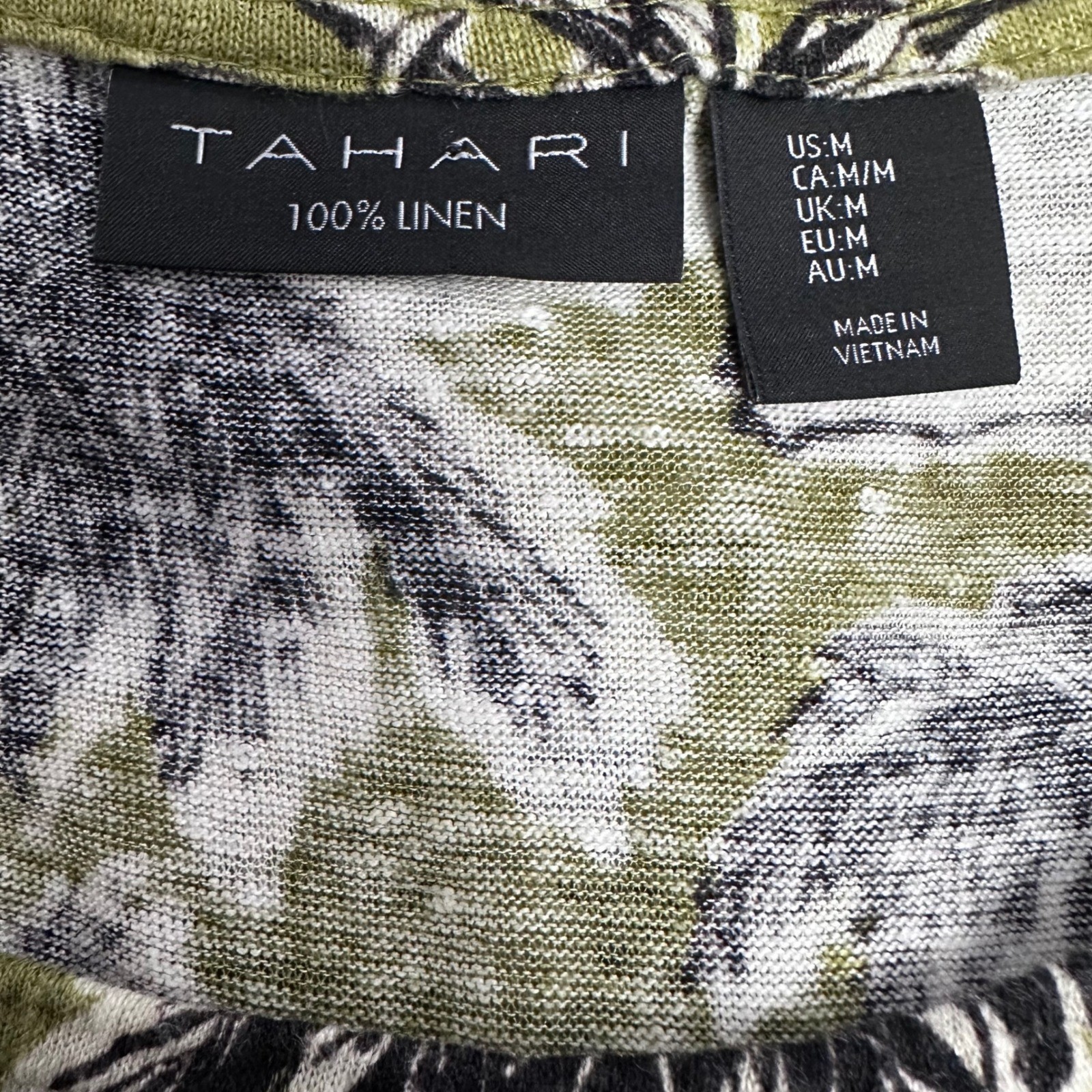 Tahari Womens Green Tropical Palm Tree 100% Linen Cap Sleeve Top Size Medium