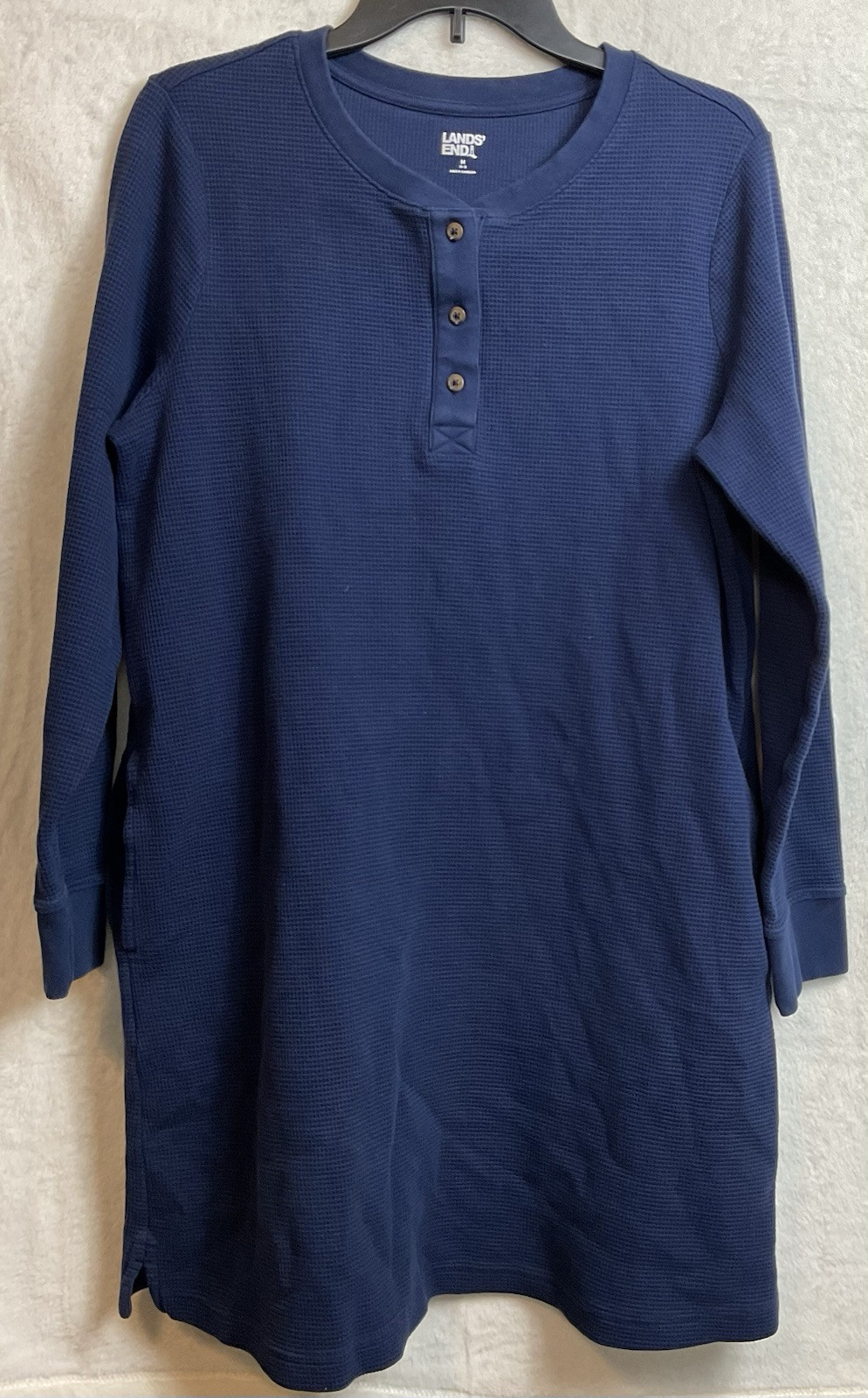 Lands’ End Pullover Thermal Top Size Medium Blue Henley Waffle Knit Pockets