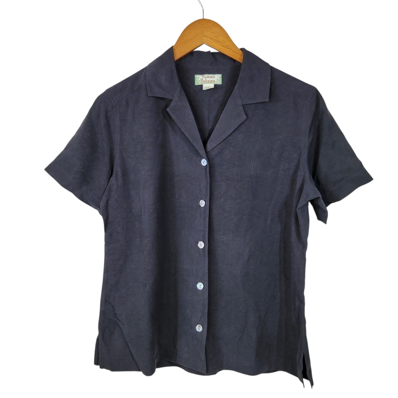 Tommy Bahama 100% Silk Button Up Top Small Camp Palm Tree Weave Pattern Black
