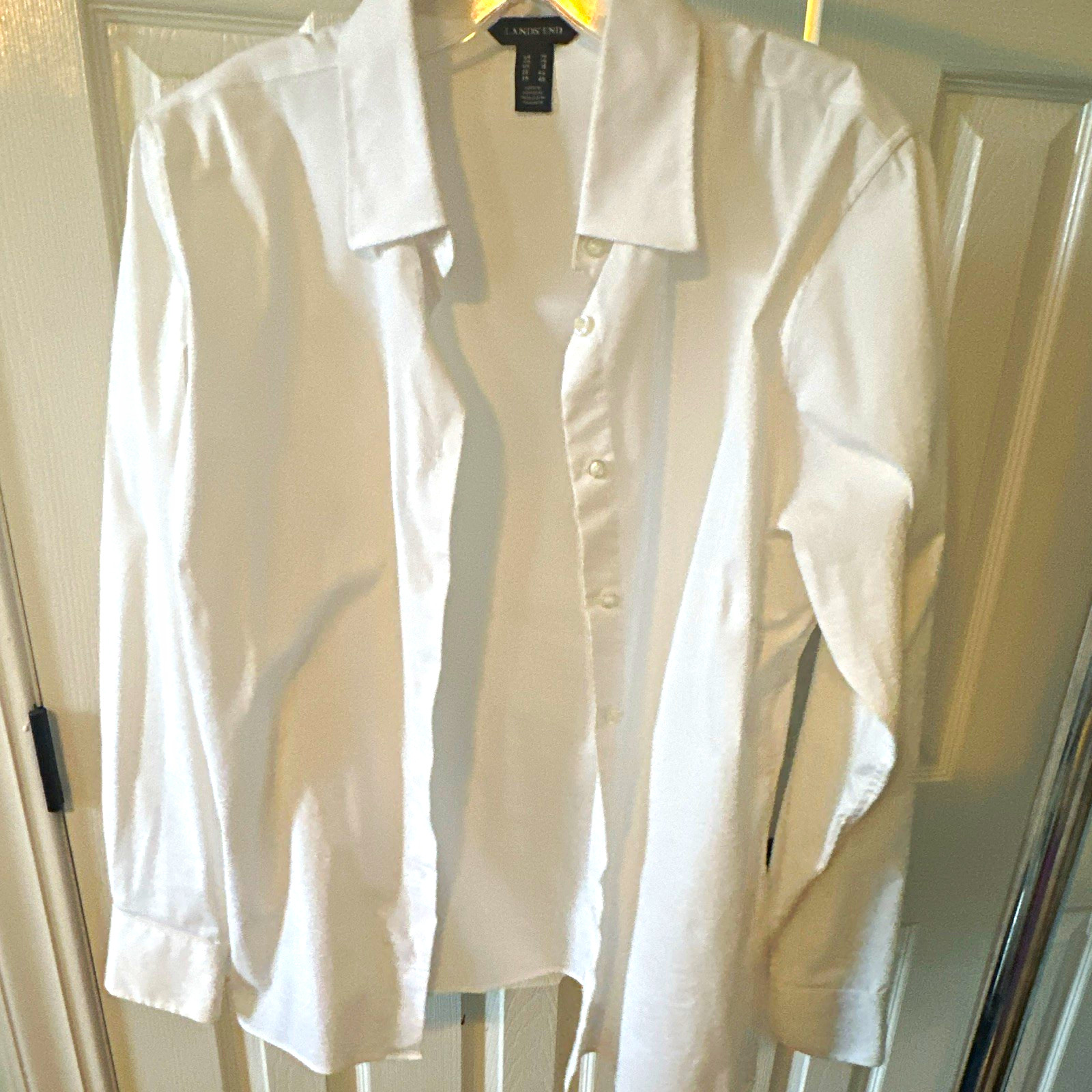 Lands’ End Womens 14 White Solid Collared Long Sleeve Button-Up Woven Shirt