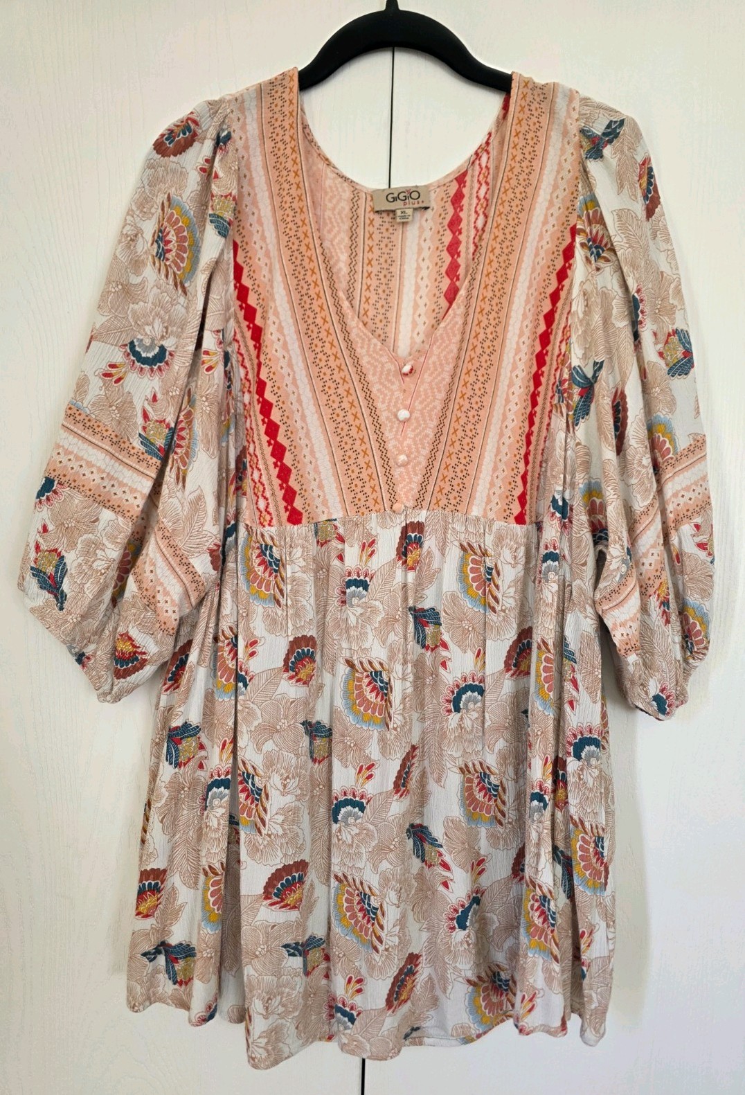 GiGiO Plus+ Women’s Plus XL Multicolor Floral Babydoll V-Neck 3/4 Sleeve Top