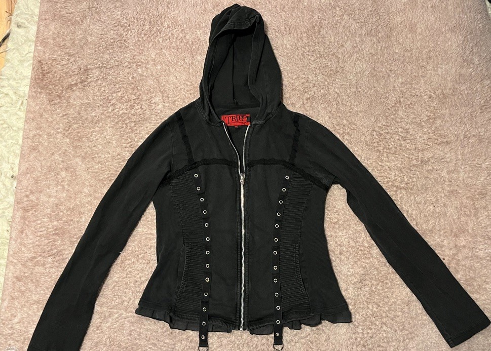 VTG Tripp NYC Y2K Goth Corset Lace Trim Zip Up Hooded D Ring Eyelet Black Sz 2XL