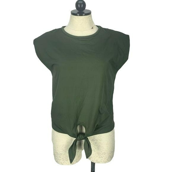 Army Green Vibe Sportswear Tie Front Blouse Solid Color Polyester/Spandex Blend