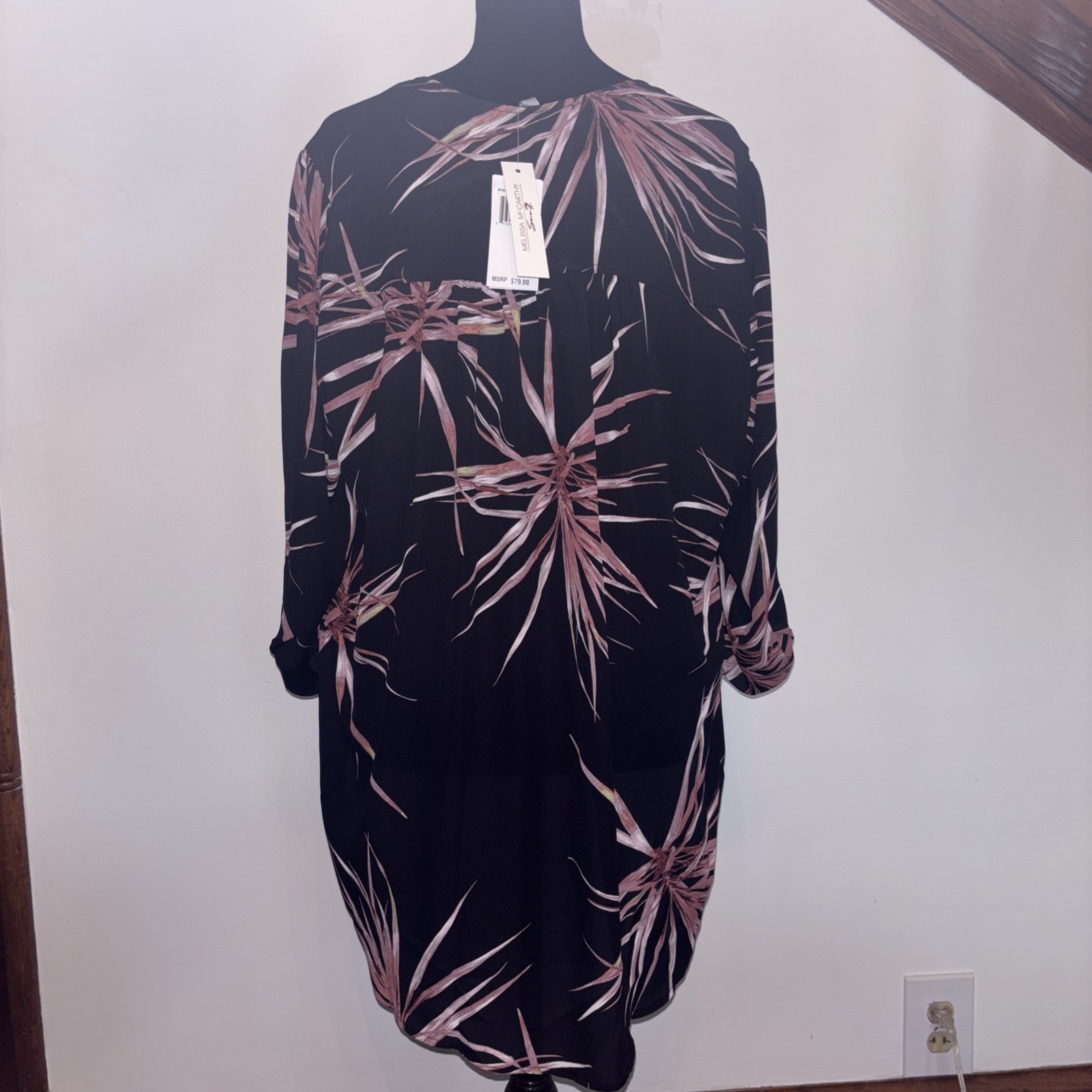 NEW Melissa McCarthy 0x Women’s Blouse Seven7 Palm Leaf Print Tunic Tie Blouse