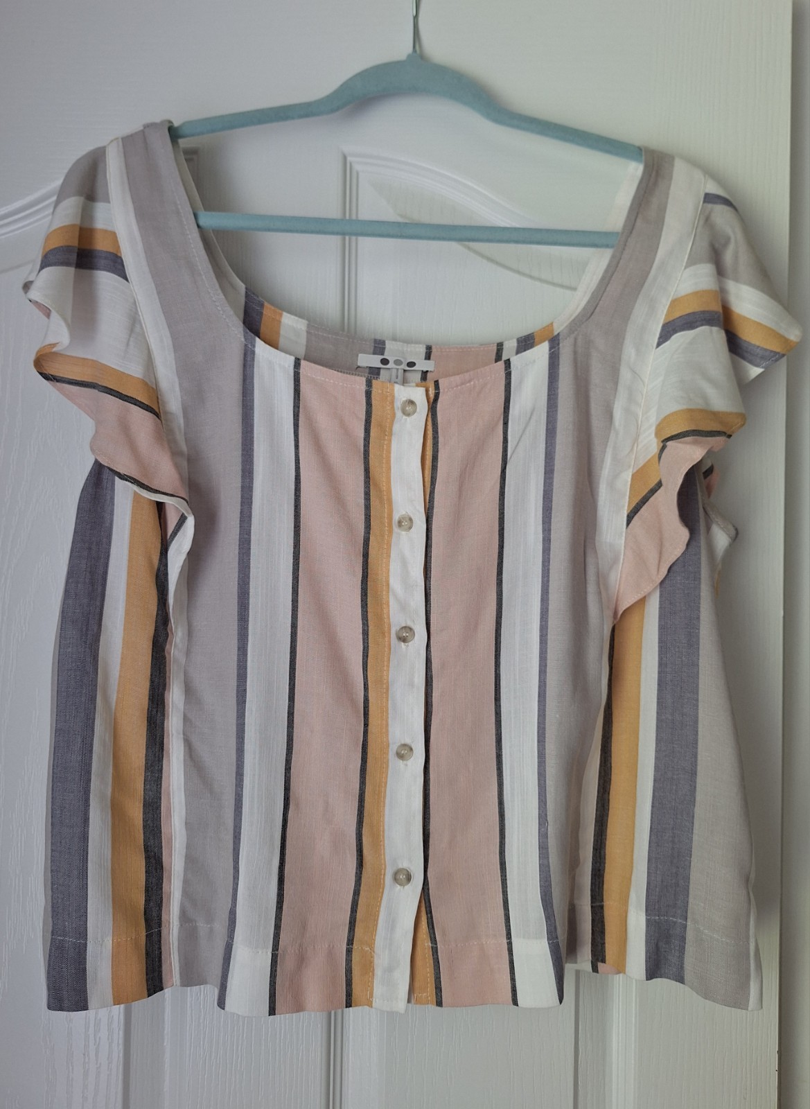 Women Three Dots Flutter Sleeve Cropped Striped Shirt Pink Blue Grey Yellow XL
