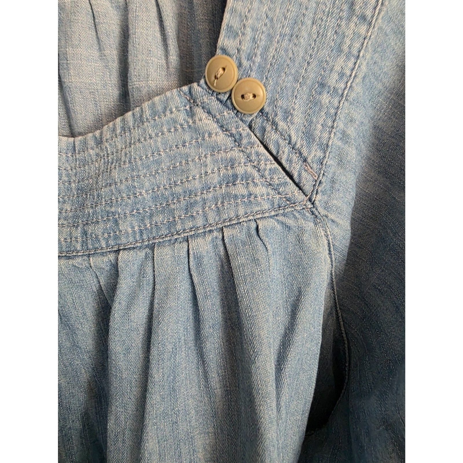 Madewell Light Wash Chambray Cotton Linen Square Neck Bell Sleeve Blouse Top
