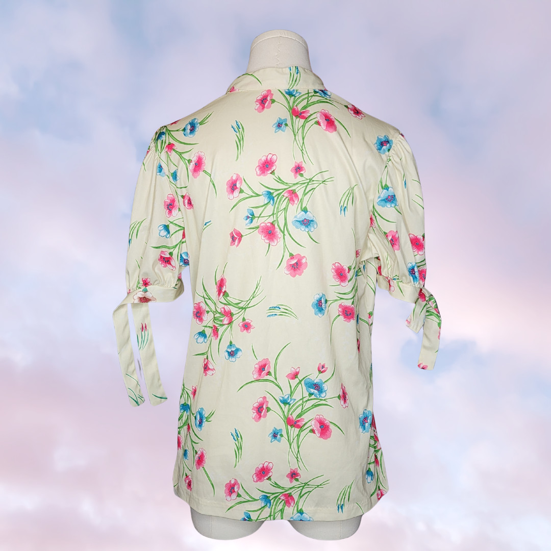 Vtg 60s Mod Retro Colorful Floral Flower Collared Pink Blue Tie Short Sleeve Top