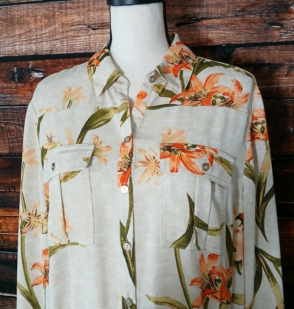 Chicos Tunic Top Size 2 US L Spring Lily Utility Shirt Roll Tab Cuff Drawstring