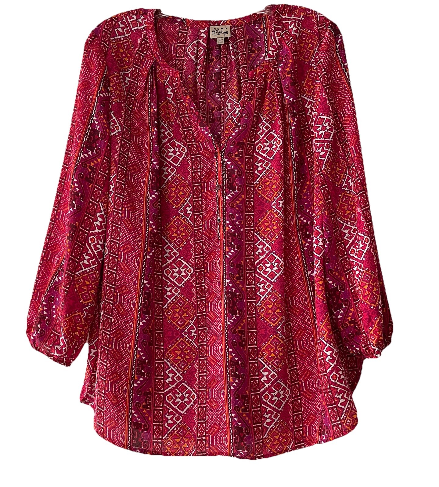 Como Vintage Womens Size Large Red Geometric Aztec Shirt Chiffon V-neck Top