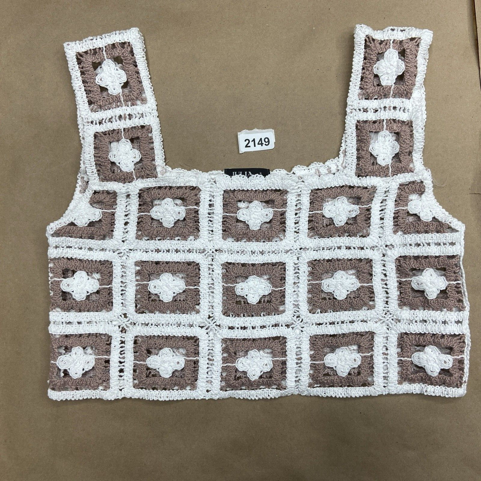 Julia by Love J Crochet Crop Top Womens S Boho Grandma Neutral Open Knit
