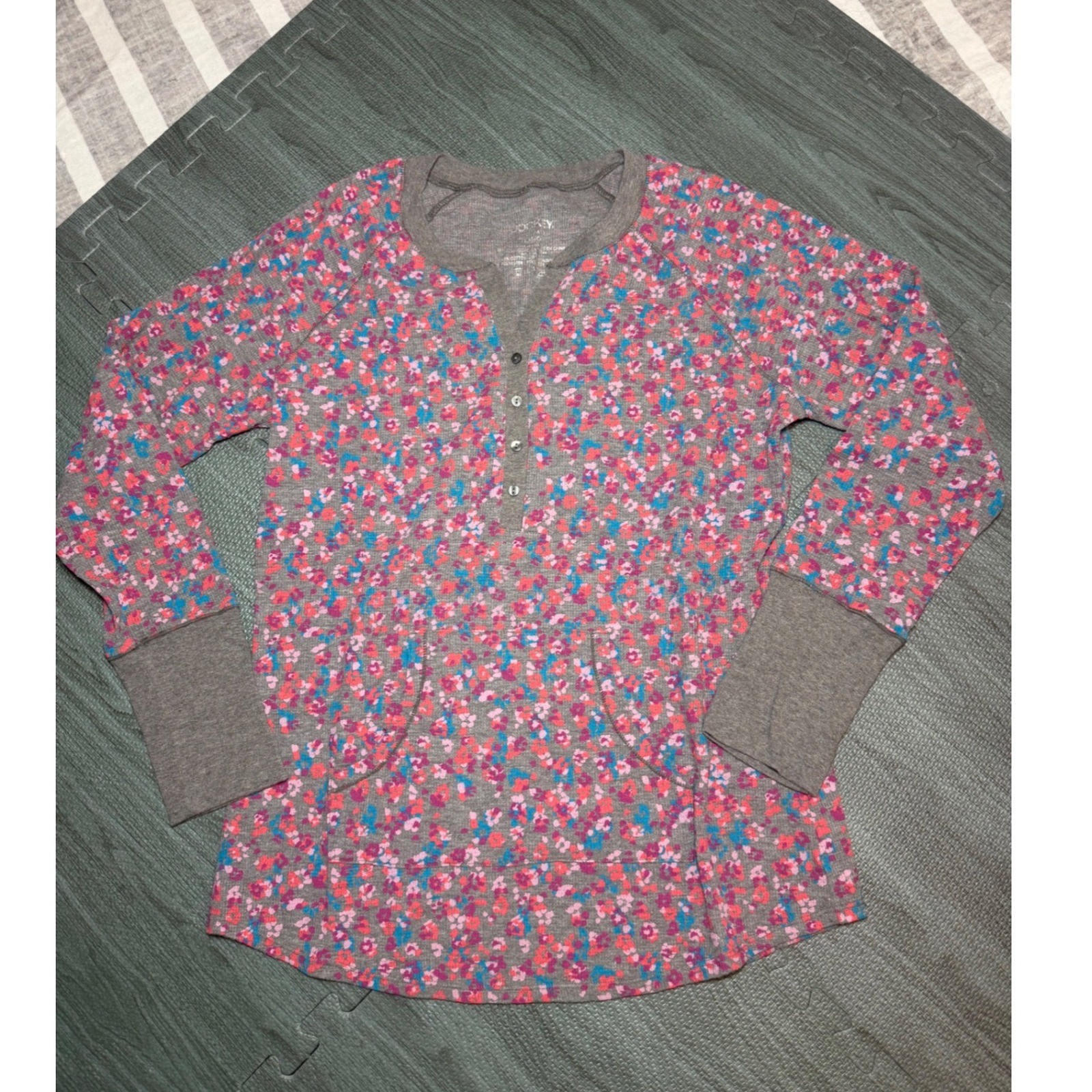 Jockey Thermals Womens Large Floral Henley Waffle Knit Top Gray Pink Long Sleeve