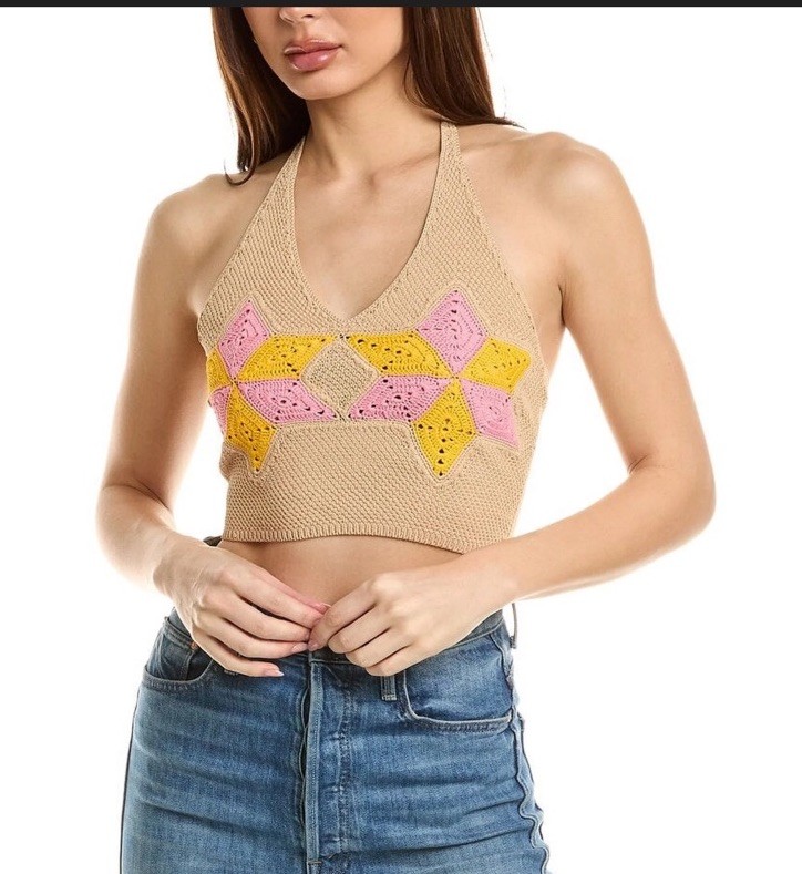 Sandro Muguette Crochet Halter Crop Top Women Size 0/XS Beige Designer Modern