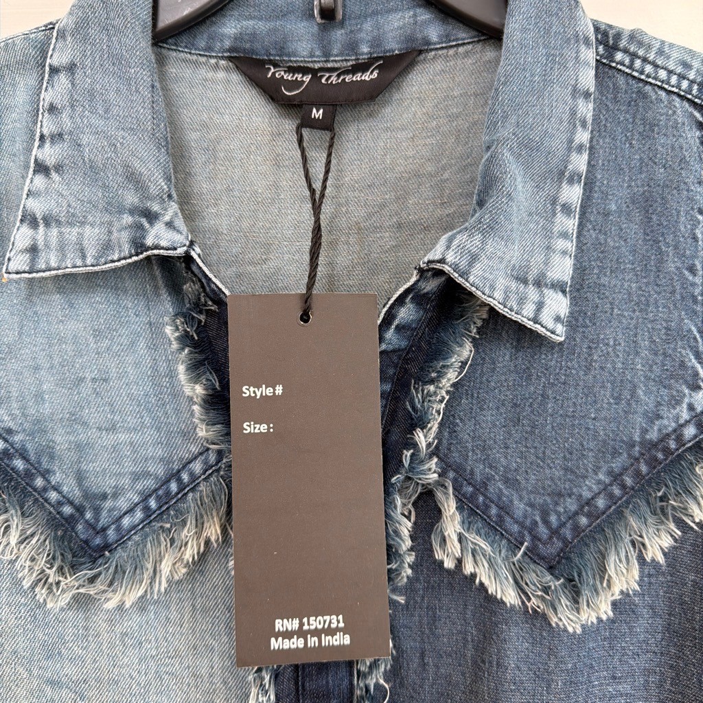 NWT Young Threads Sleeveless Denim Patchwork Button Down Top Womens M Boho