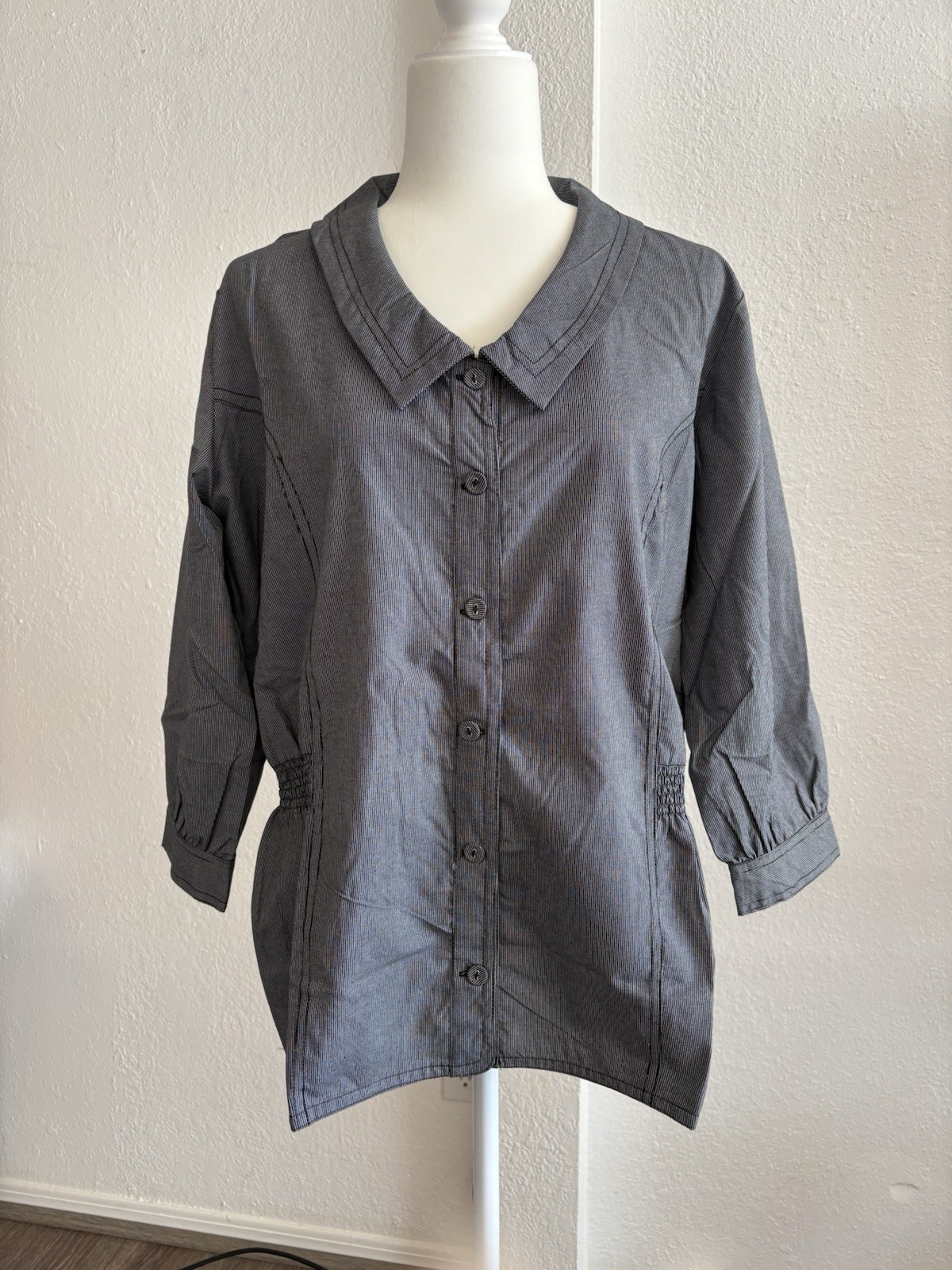 Adini Womens XL Grey 100% Cotton Button Front Blouse Smocked Waist NWT