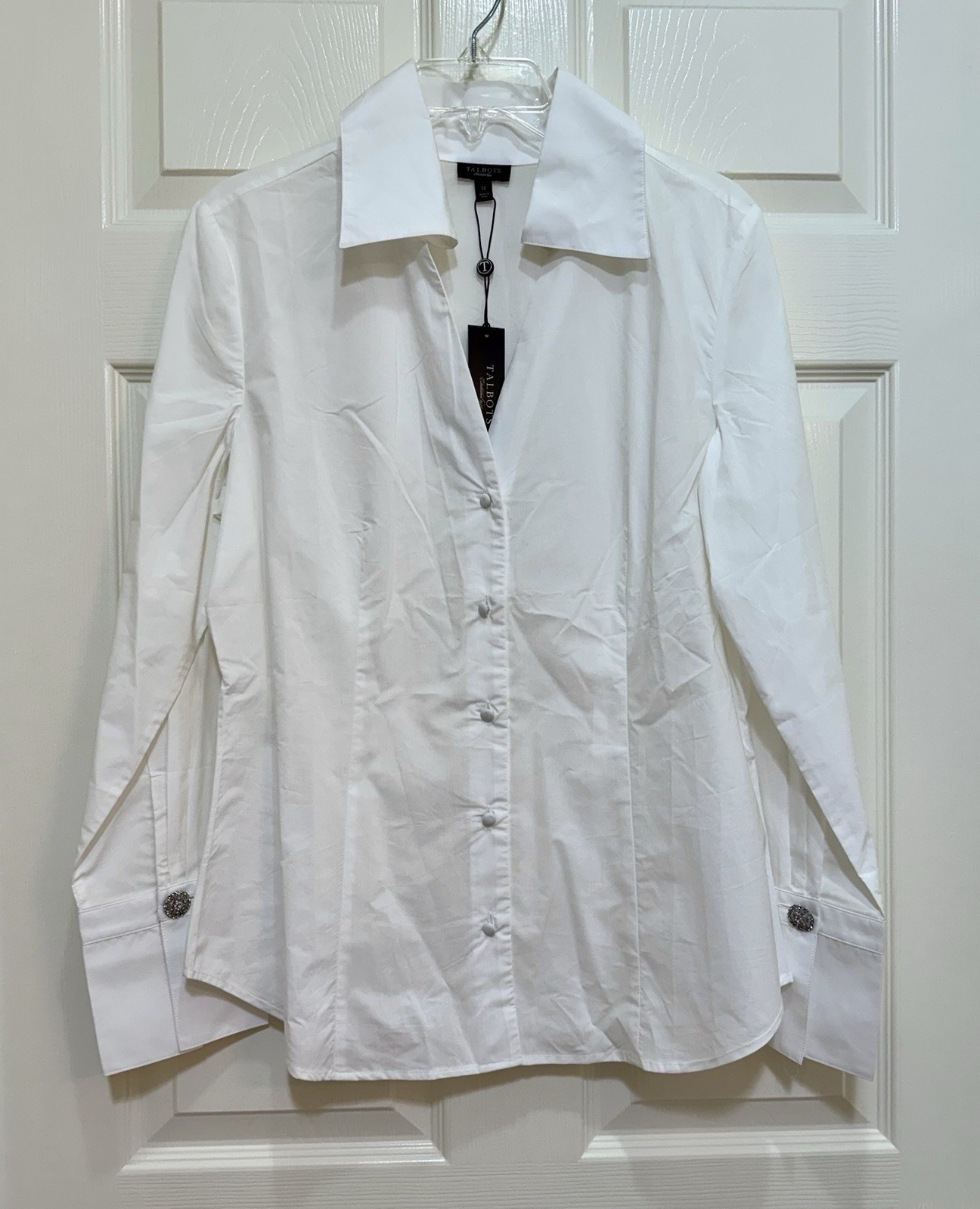 Talbots NWT White Cotton Button Front Shirt Jeweled French Cuffs Women’s 12