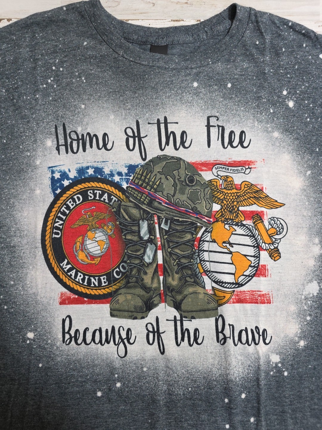Sz Large “Home of the free because of the brave” Marines TShirt Distressed