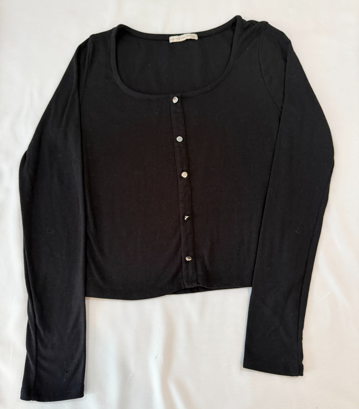 Active USA Henley Top Women’s Large Black Long Sleeve Stretch Knit Casual Blouse