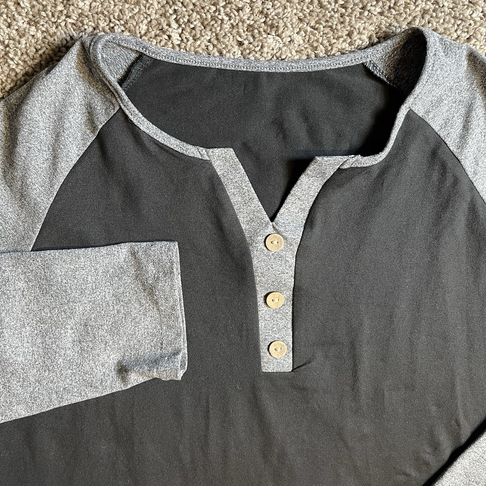Raglan Henley Long Sleeve Top Black Heather Grey Colorblock 2XLbaseball sporty