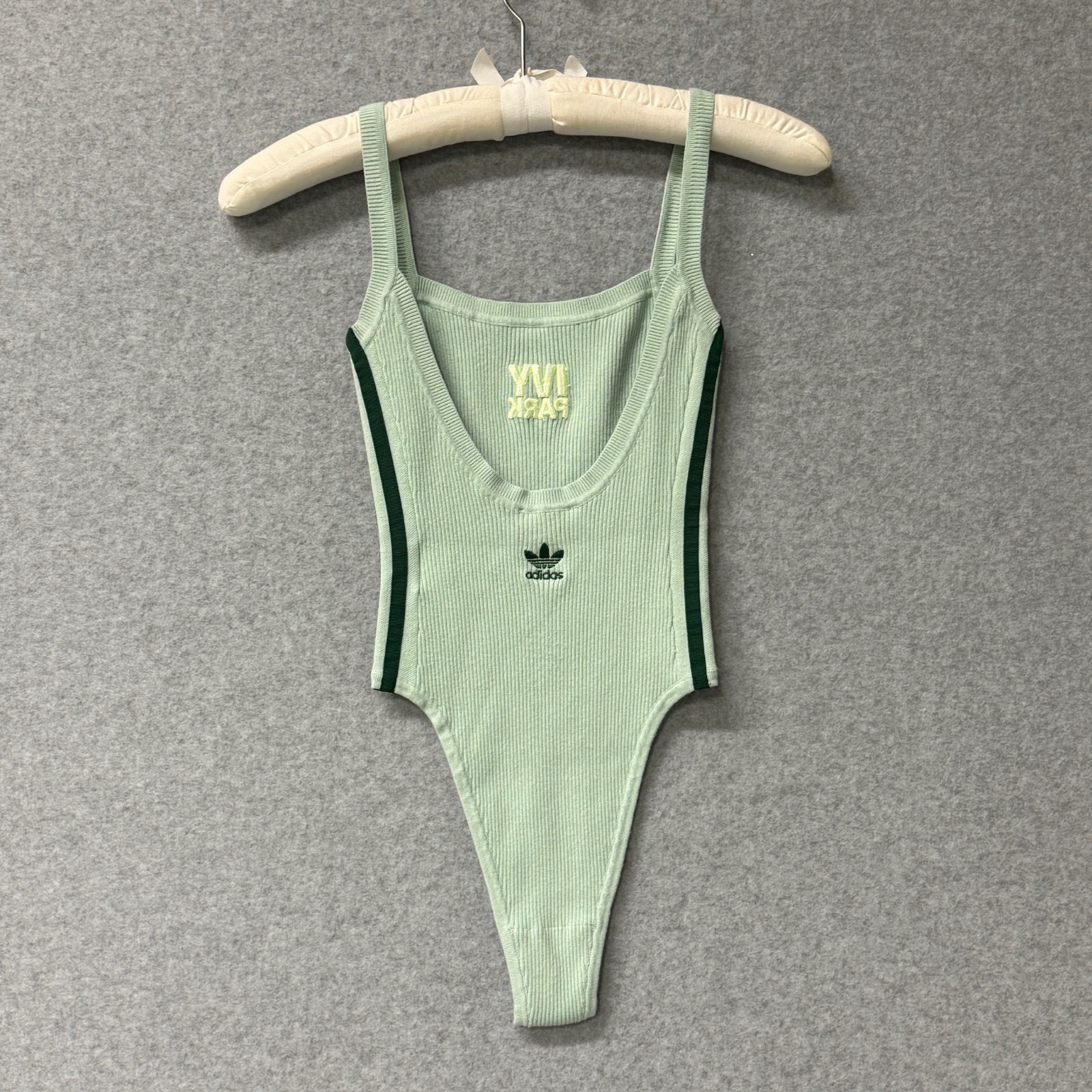 Ivy Park x Adidas Striped Ribbed Knit Mint Green Sleeveless Tank Bodysuit XS