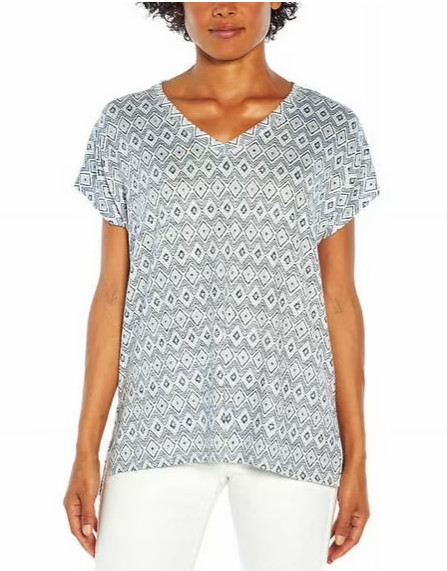 Orvis Womens XLarge Short Sleeve Shirt Stretch Top NWT Blue Diamond Print V-Neck