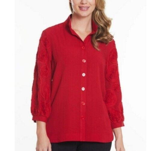 NWT John Mark $119 Scarlet Red EMBROIDERED FLORAL SLEEVES Boho Tunic Top M CUTE