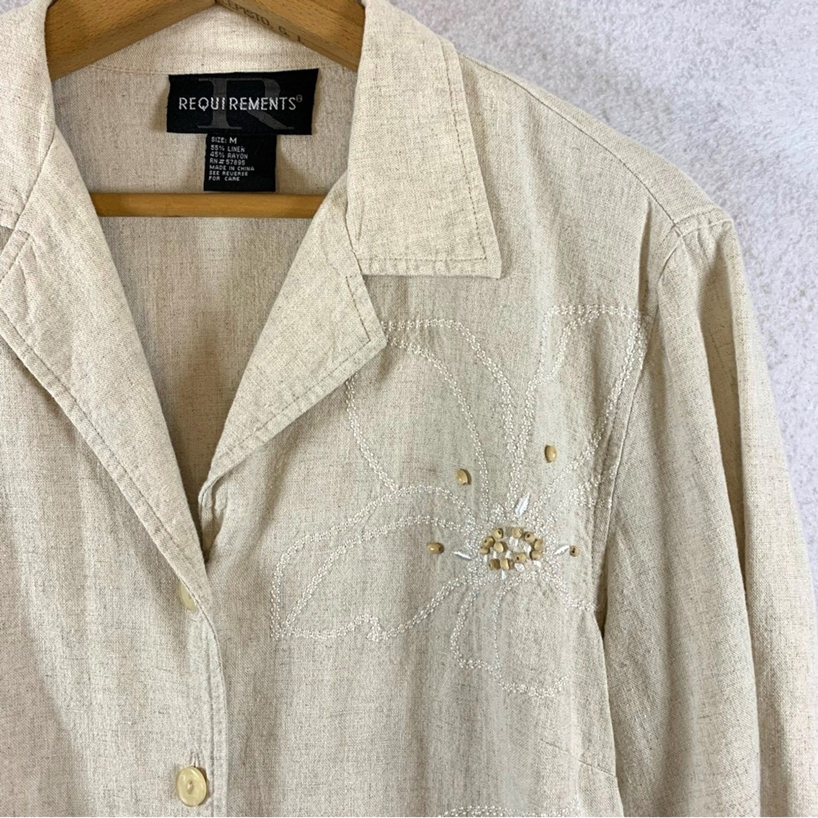 VTG Womens Coastal Grandma Linen Blend Button Top Sz M Ecru Beaded Raw Hem Boho