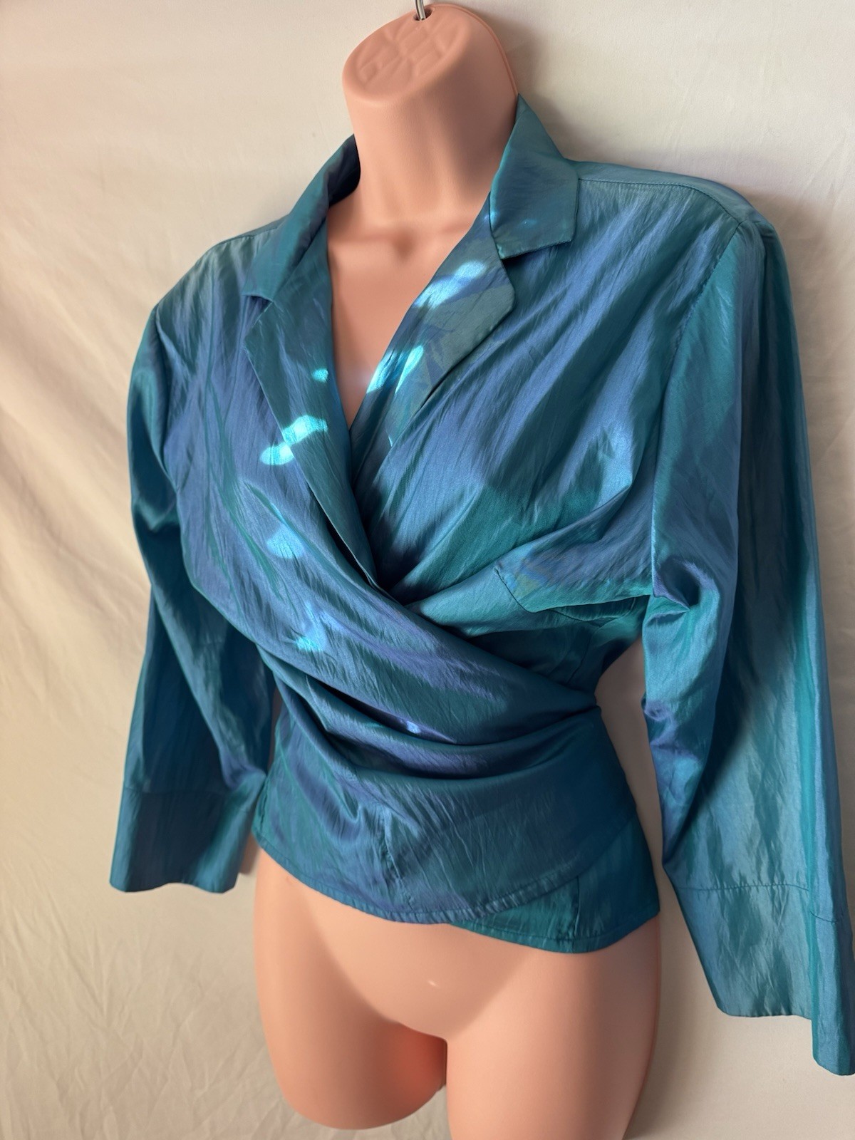 Ellen Tracy Blouse Size 16 Long Sleeve Teal Top Wrap Around