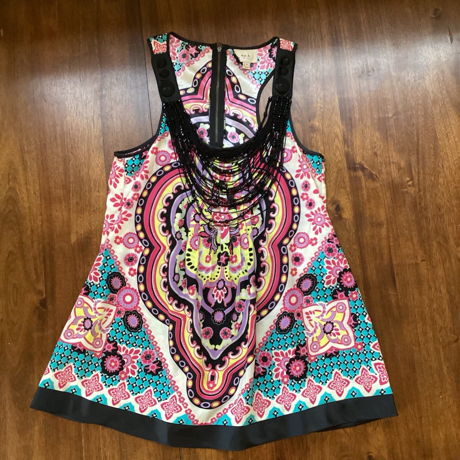 Silky Beaded Pleated Boho Maximalist Colorful Sleeveless Top Blouse Size 8