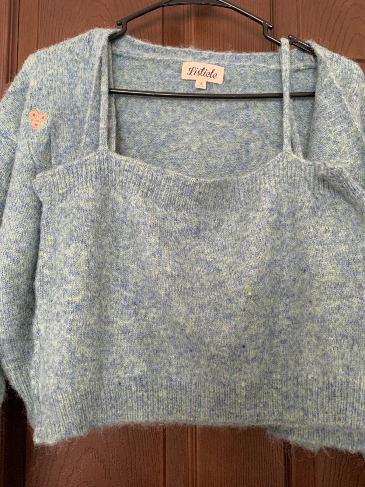 Listicle Women’s Spaghetti Strap Embroidered Cropped Halter & Sweater Blue sz L