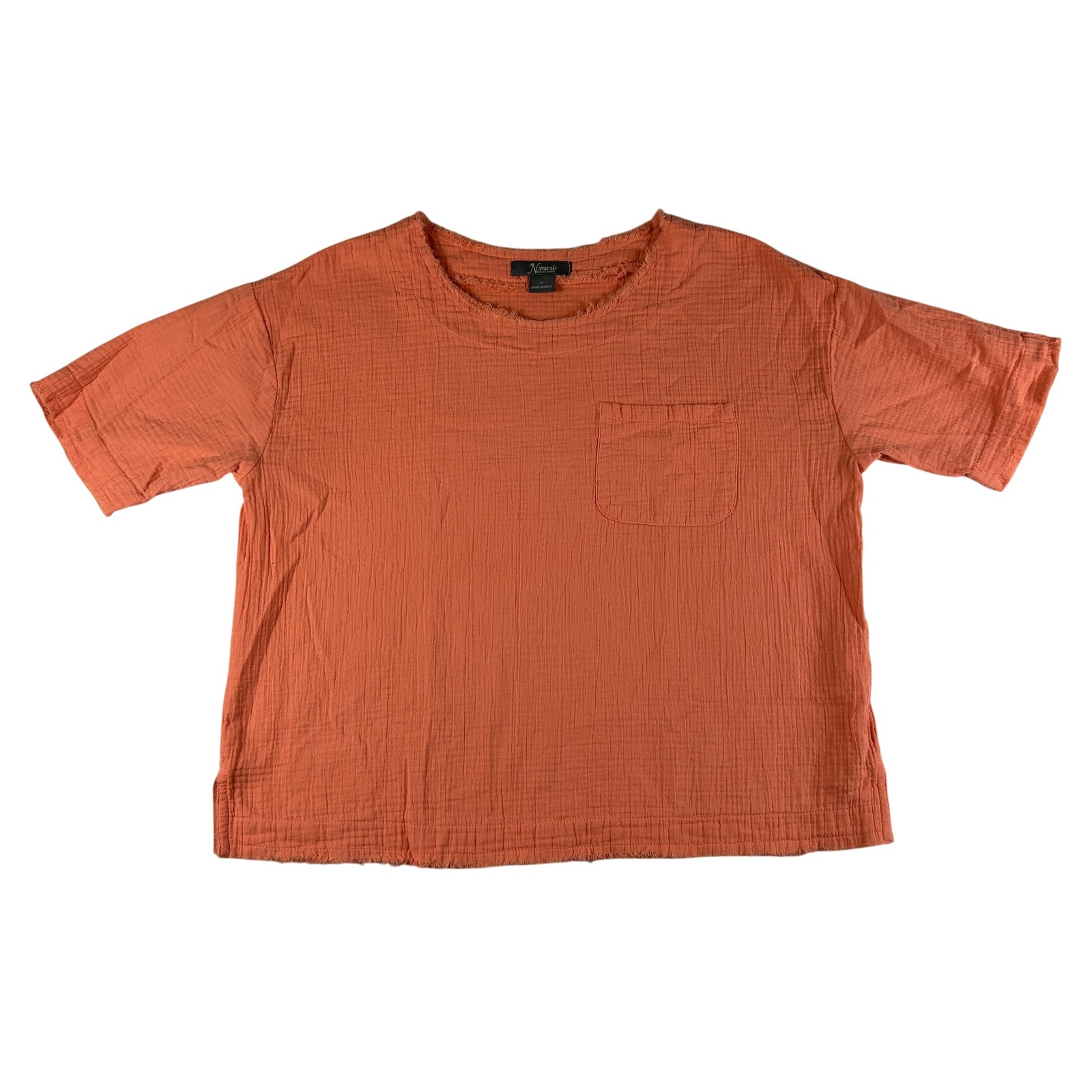 Natural Reflections Blouse Womens Medium Orange Cotton Gauze Fringe Pocket Top