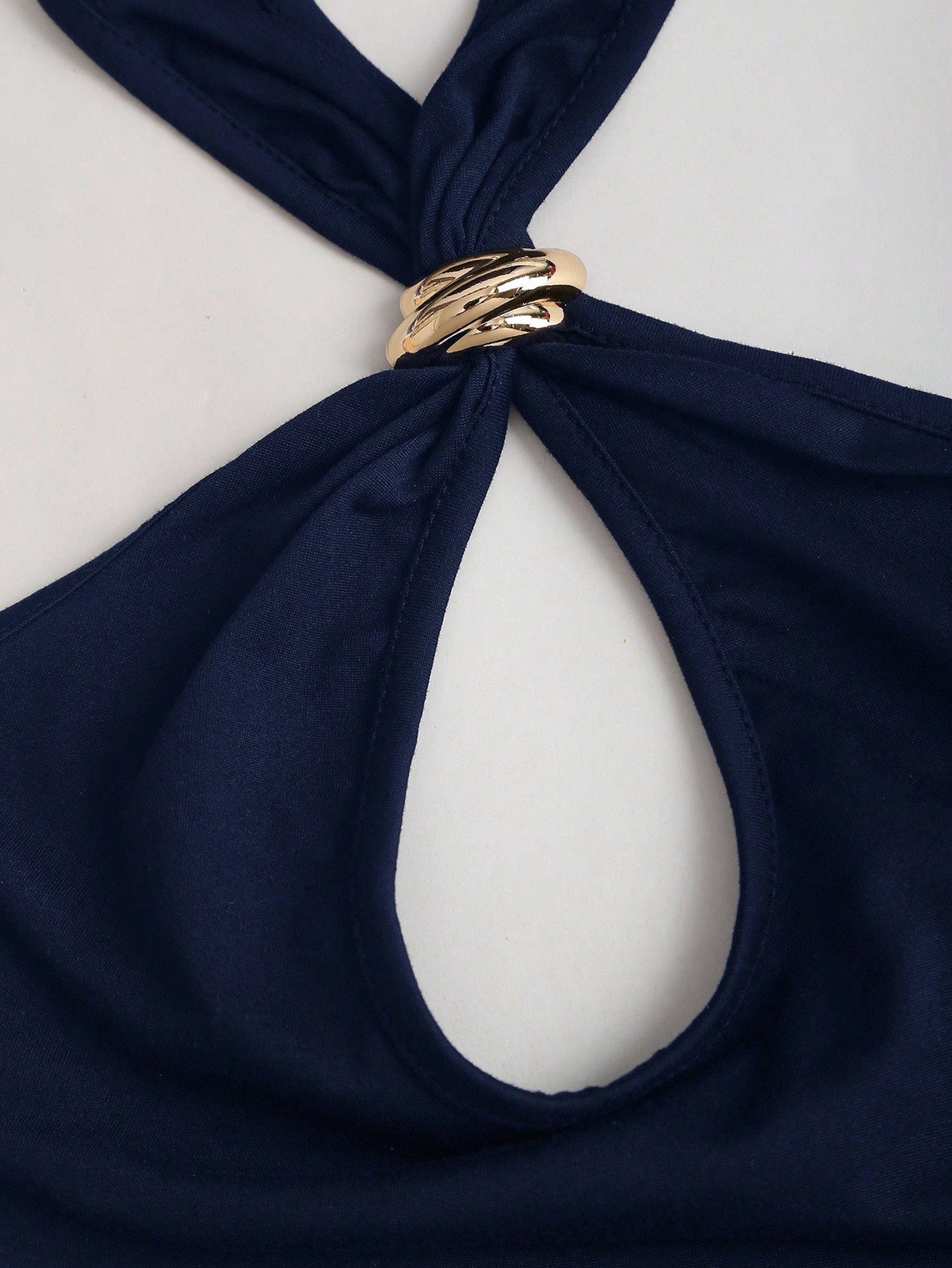 Women Blue Halter Neck Keyhole Ring Front Backless Ruched Tank Top S M L XL