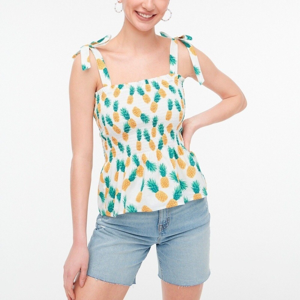 J.Crew Factory S Pineapple Smocked Tie Shoulder Peplum Tank Top White