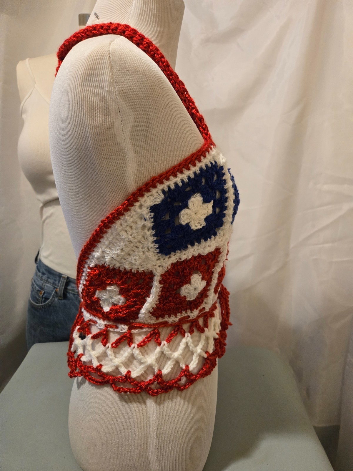 New Red White Blue Granny square Halter top Draw string tie Handmade Crocheted