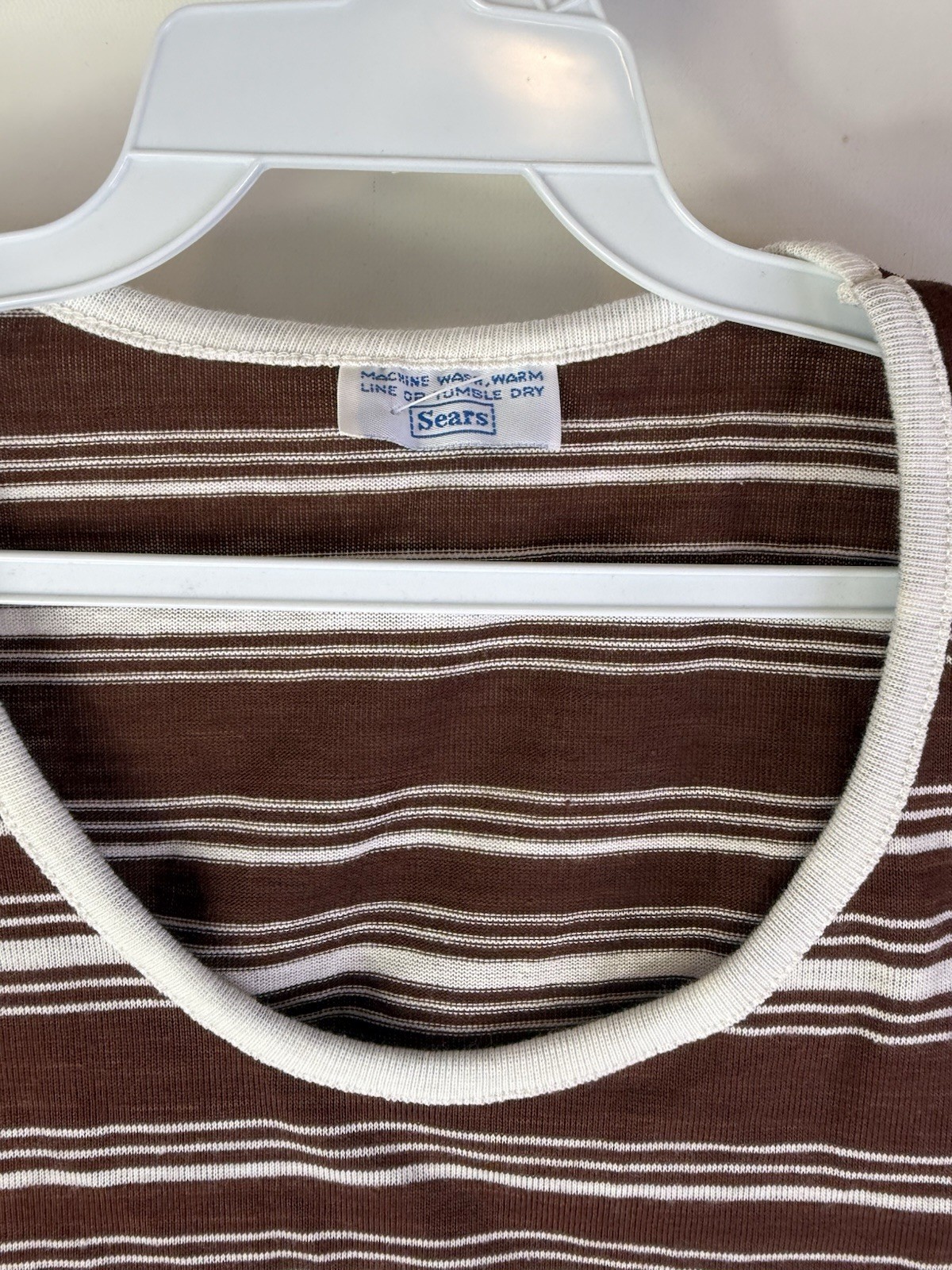 Vintage 70s Mod Rockabilly Womens Large Brown Striped Sleeveless Shirt Tank Top
